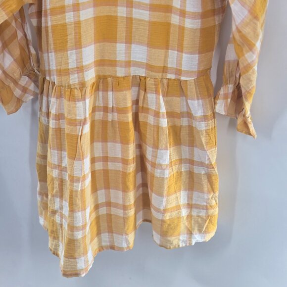 Mango MNG Mustard Yellow Checkered Gingham 100% Cotton Pockets Mini Dress XS - Picture 5 of 15